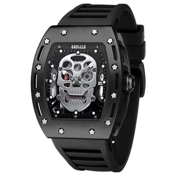 MF MINI FOCUS Men's Tonneau Skeleton Skull Watch - Waterproof, Luminous, Calendar, Stylish Silicon Band