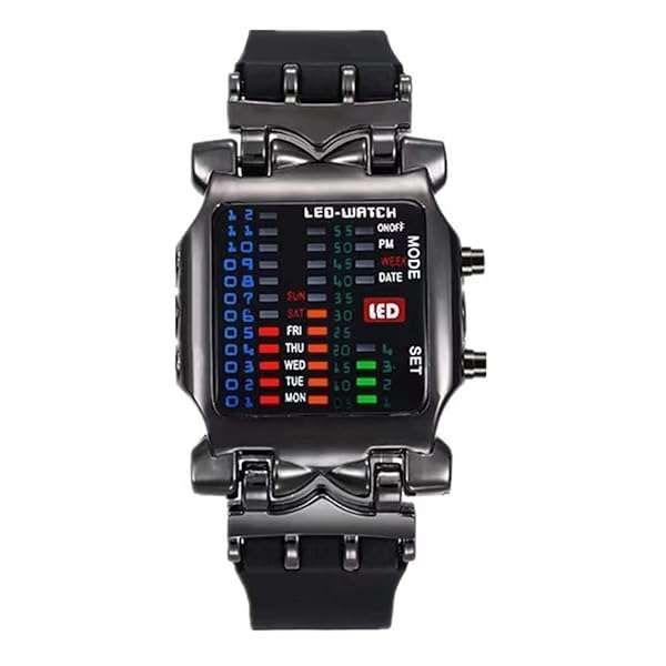 MINILUJIA Men's Cool Digital Binary Watch - Waterproof LED Display, Unique Rubber Band Sport Wristwatch (Black)