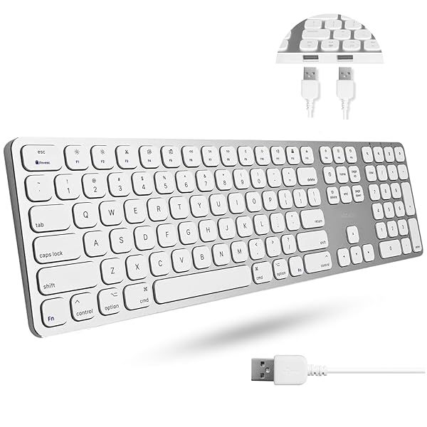 Macally Premium Wired Mac Keyboard with Number Keypad and 2 Port Hub - Compatible Apple Keyboard Wired - Extended USB Keyboard for Mac Mini/Pro, iMac, MacBook Pro / Air (Silver Aluminum)