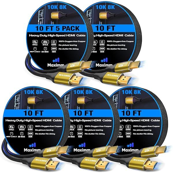 Maximm 8K HDMI Cable 10ft - Ultra High Speed HDMI 2.1 Cord (5 Pack) for 8K 60Hz Performance