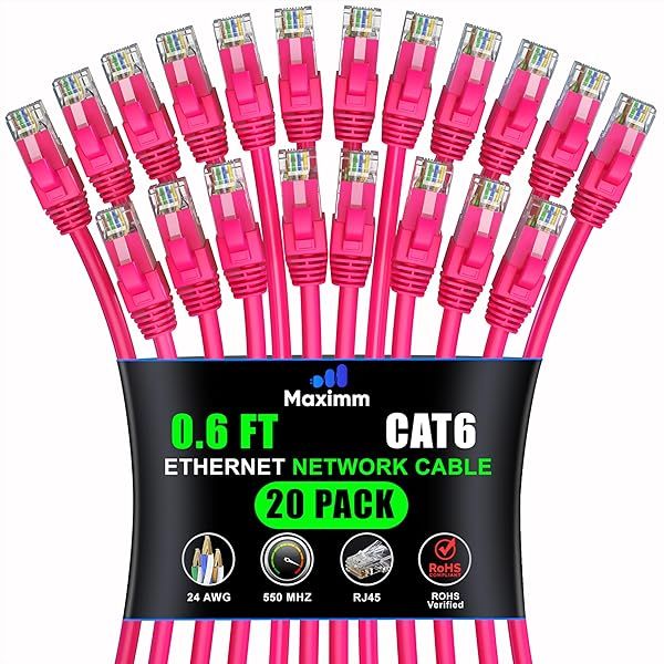 Maximm Cat 6 Ethernet Cable 0.6 ft (20-Pack) - High-Speed 10Gbps LAN & Network Cables - Pink UTP Patch Cord