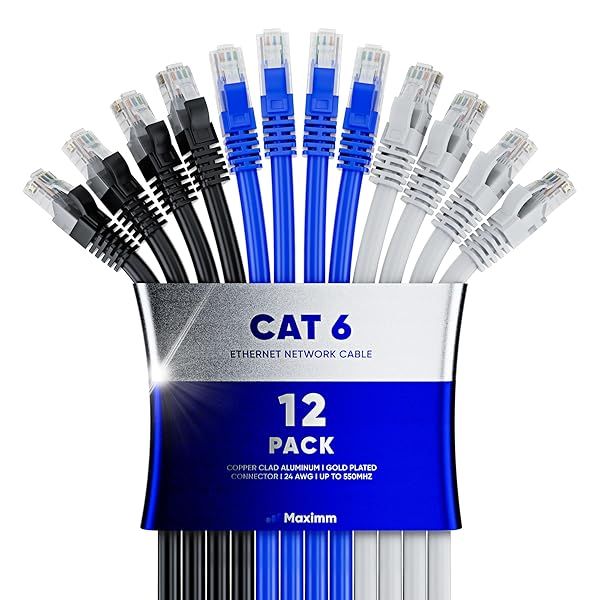 Maximm Cat 6 Ethernet Cable 10ft (12-Pack) - High-Speed 10Gbps LAN & Internet Patch Cables - UTP, 550MHz, Tricolor