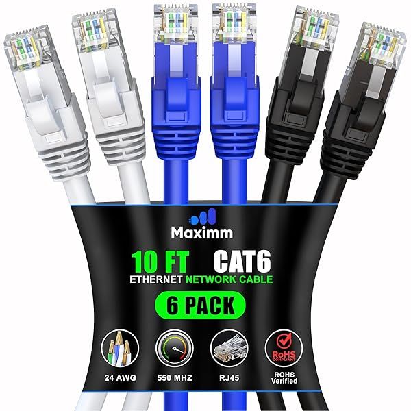 Maximm Cat 6 Ethernet Cable 10ft (6-Pack) - High-Speed 10Gbps LAN & Internet Patch Cables - UTP, 550MHz, Tricolor