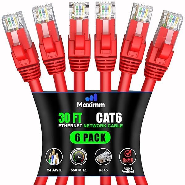 Maximm Cat 6 Ethernet Cable 30 ft (6-Pack) - High-Speed 10Gbps LAN & Network Cables - Red UTP Patch Cords for Fast Internet