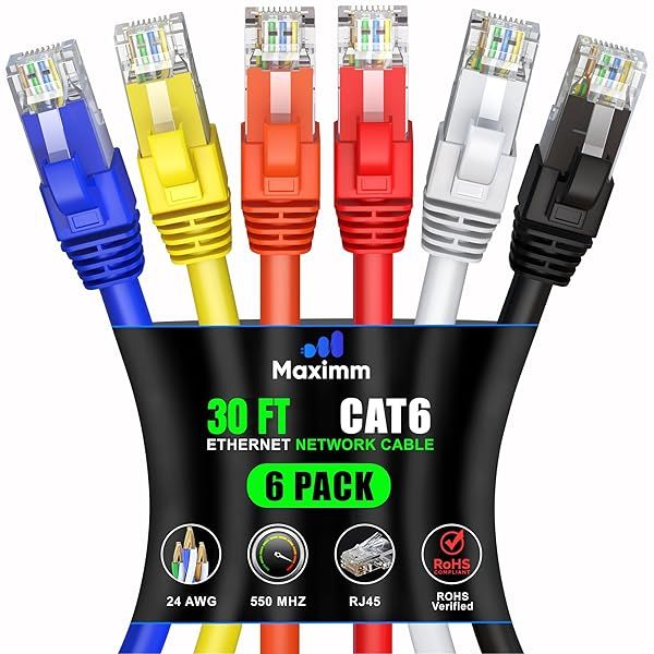 Maximm Cat 6 Ethernet Cable 30 ft (6-Pack) - High-Speed LAN Cable, Internet Cable, Patch Cable, and Network Cable - UTP, 10Gbps, 550MHz Ethernet Cord - Multicolor