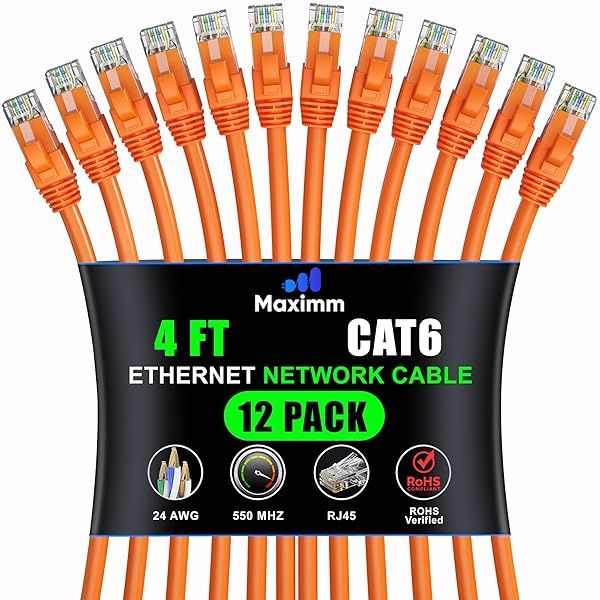 Maximm Cat 6 Ethernet Cable 4ft (12-Pack) - High-Speed 10Gbps LAN Network Cable - Orange UTP, 550MHz Patch Cord