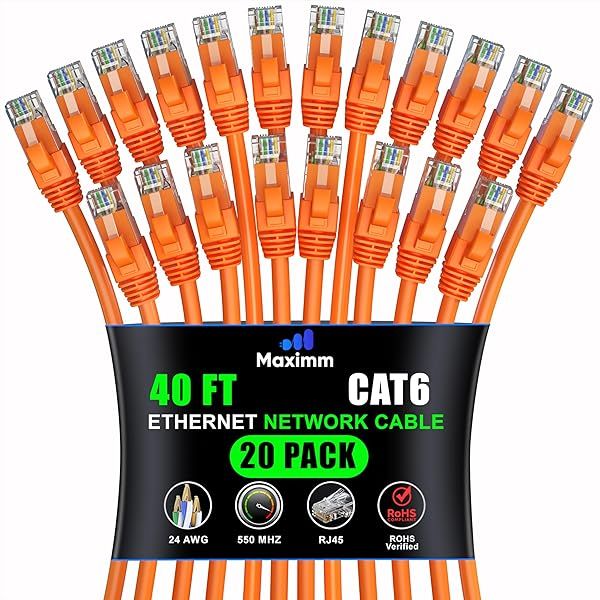 Maximm Cat 6 Ethernet Cable 40ft (20-Pack) - High-Speed 10Gbps LAN & Network Cables - UTP, 550MHz, Orange