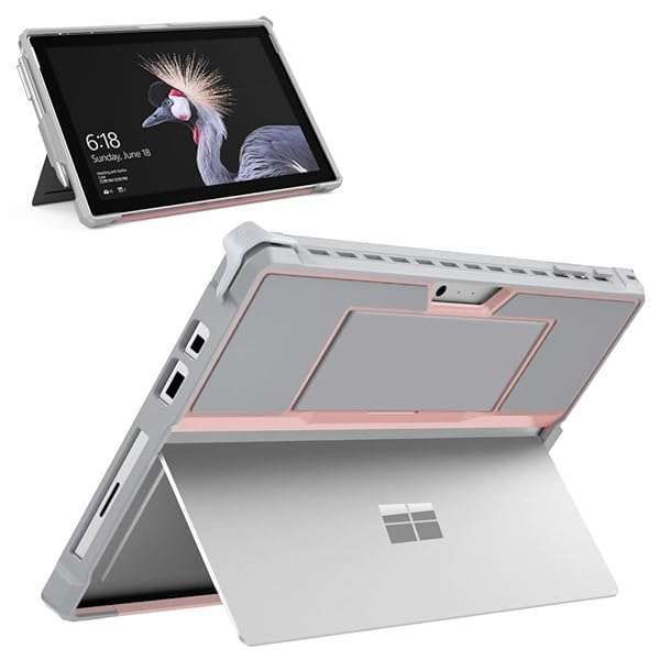 MoKo Rugged Case for Microsoft Surface Pro 7 Plus/6/5/4 - Protective Cover with Pen Holder & Hand Strap, Pink & Gray