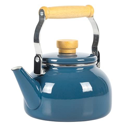 Mr. Coffee Quentin 1.5 QT Enamel Steel Tea Kettle with Wood Handle - Stylish Blue Design