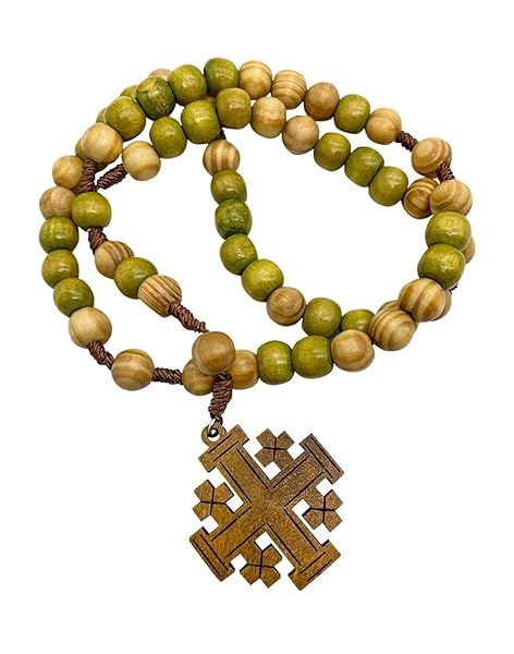Olive Wood Prayer Rosary & Jerusalem Cross - Catholic Amulet in Velvet Bag for Car Protection