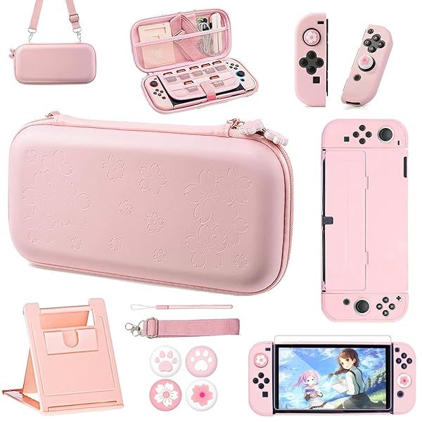 OLDZHU Pink Travel Case for Nintendo Switch OLED 2021 | 10-in-1 Protection Kit with Cover, Screen Protector & More