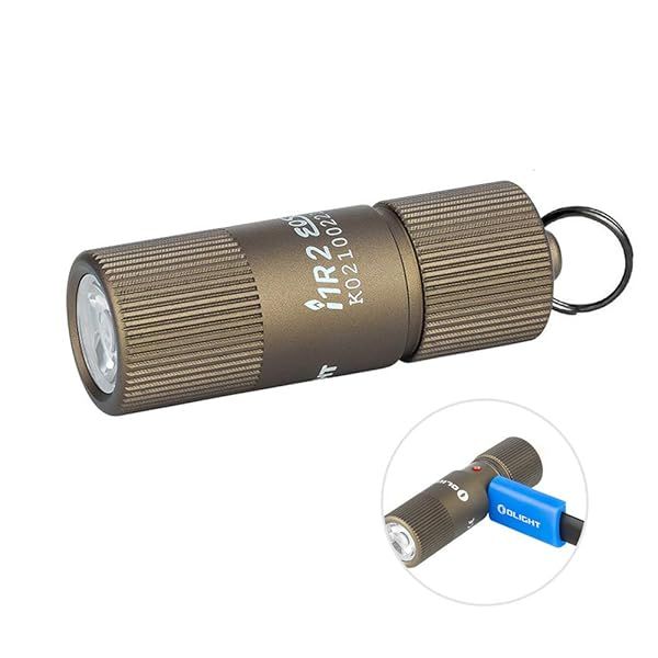 OLIGHT i1R 2 EOS: 150 Lumens Mini Keychain Flashlight for Camping & Hiking - Rechargeable EDC Light in Desert Tan