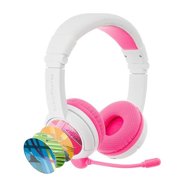 ONANOFF BuddyPhones School Plus: Wireless Volume-Limiting Kids Headphones with Boom Mic & 20-Hour Battery Life - Pink