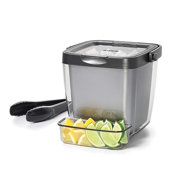 "OXO Good Grips Double Wall Ice Bucket with Tongs & Garnish Tray - Gray, 7.37"L x 8.5"W x 7.5"H for Perfect Entertaining"