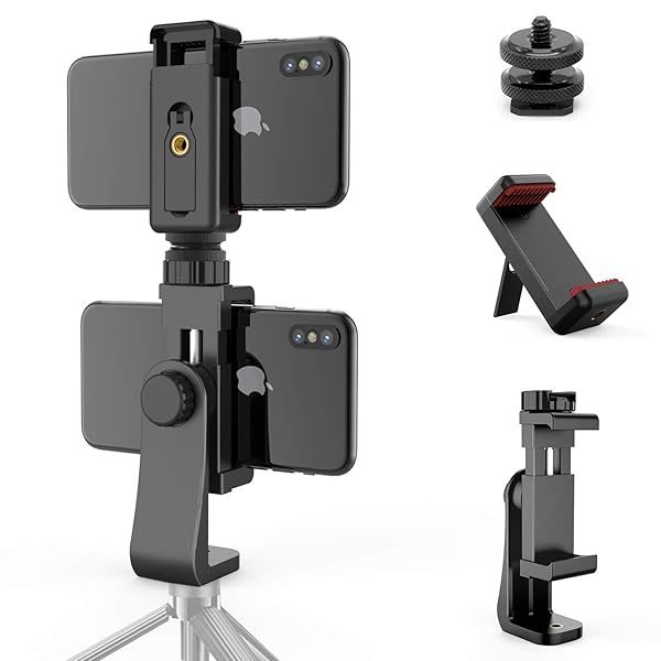 Owine Universal Dual Cell Phone Tripod Mount Adapter - Premium Smartphone Clamp for iPhone, Samsung, LG & More