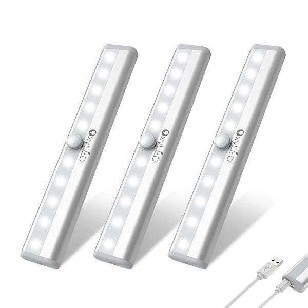 OxyLED Under Cabinet Lights: 10 LED Rechargeable Motion Sensor Night Lights for Kitchen, Closet & Stairs - 3 Pack Wireless & Magnetic