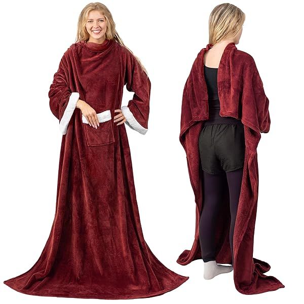Cozy PAVILIA Fleece Blanket with Sleeves - Perfect Warm Gift for Adults | Plush Snuggle Throw in Burgundy Red