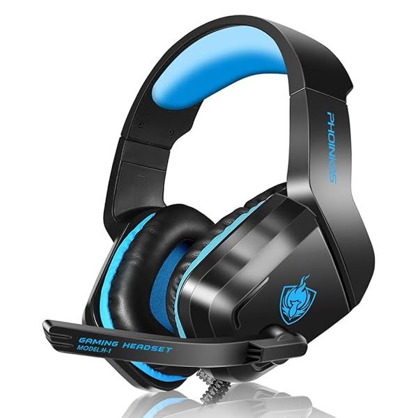 PHOINIKAS Gaming Headset: Noise-Cancelling PS5, PS4, Xbox, PC & Switch Over-Ear Headphones with Bass Surround - Blue