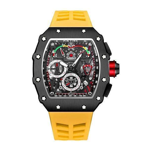 Shop PINTIME Men's Tonneau Watch: Luxury Hollow Punk Chronograph & Silicone Sports Wristwatch