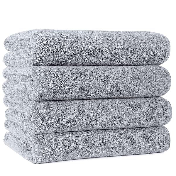 POLYTE Microfiber Quick Dry Bath Towels - Lint Free, 57x30 in, Pack of 4 (Gray) for Ultimate Absorbency & Comfort