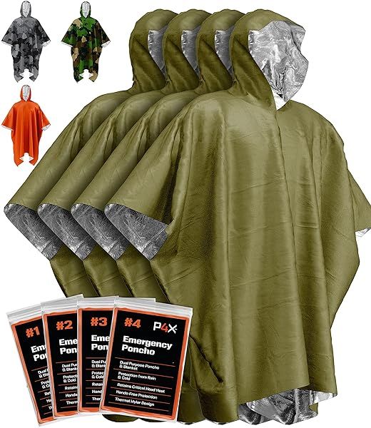 PREPARED4X Emergency Poncho & Mylar Blanket Liner - Heavy Duty Waterproof Green Poncho for Camping & Car Kits - 4 Pack