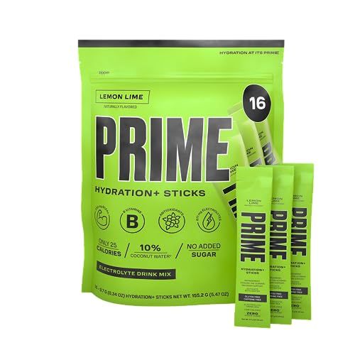 PRIME Hydration+ Lemon Lime Sticks | Low Sugar Electrolyte Powder | Vegan & Caffeine-Free | 16 Single Serve Packs