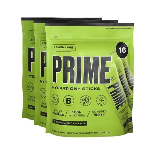 PRIME Hydration+ Lemon Lime Sticks | Low Sugar Electrolyte Powder | Vegan & Caffeine-Free | 48 Single Serve Packs