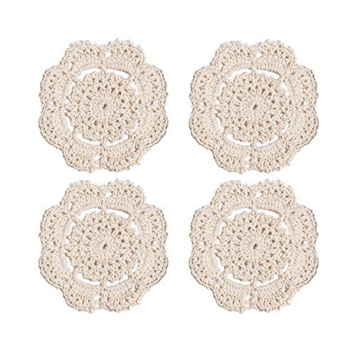 Phantomon Handmade Crochet Doilies - 4 Inch Lace Coasters (Pack of 4) in Beige - Perfect for Home Decor