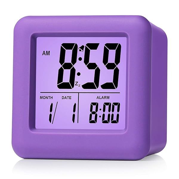 Plumeet Kids Digital Alarm Clock with Snooze & Nightlight - Easy Setup, Loud Battery-Powered Clock in Purple