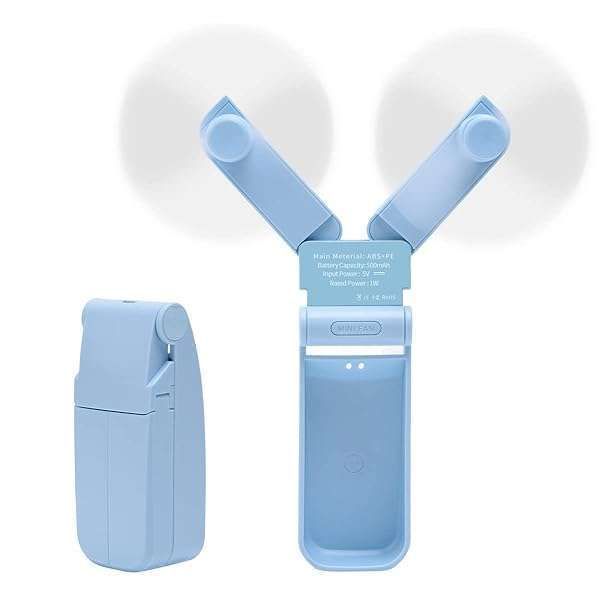 Portable USB Rechargeable Handheld Fan - Mini Dual Head Pocket Fan for Women & Girls, 2 Speeds, Strong Wind - Ideal for Travel (Blue)