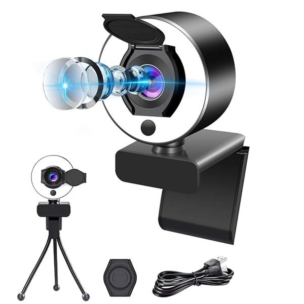 ProaStar Webcam with Ring Light & Microphone: Plug & Play, Autofocus, Adjustable Brightness, Privacy Protection