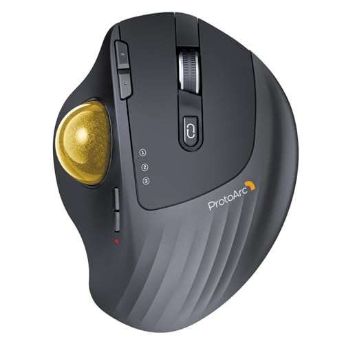 ProtoArc EM01 Wireless Trackball Mouse: Ergonomic Bluetooth, Rechargeable, 3-Device Connection for PC & Mac - Gold Ball