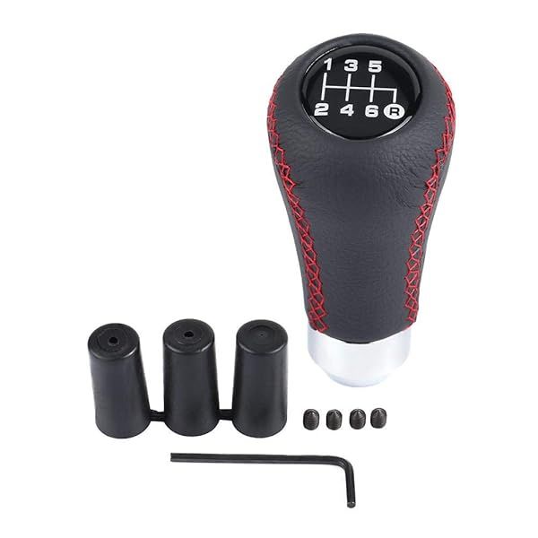 Qiilu Universal 6 Speed Gear Shift Knob - Red PU Shifter Stick with 3 Hoses for Cars