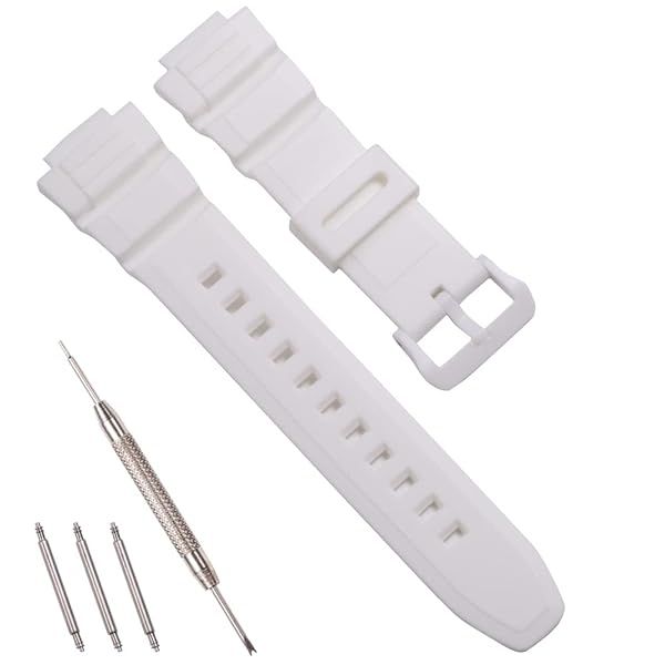 RCNZWQB Waterproof Resin Watch Band for Casio MCW-100H & WS-220 - 16mm Men's Casual Rubber Strap (White)