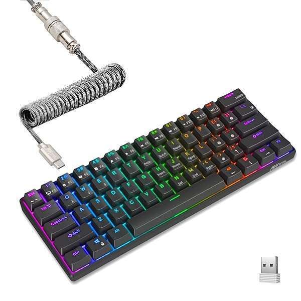 RK ROYAL KLUDGE RK61: 60% RGB Mechanical Keyboard - Wireless, Hot Swappable Red Switches, Coiled Cable, 2.4GHz/Bluetooth