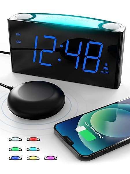 "ROCAM Extra Loud Alarm Clock with Bed Shaker & Vibrating Feature for Heavy Sleepers - 7" Display, USB Charger, Night Light & Snooze"