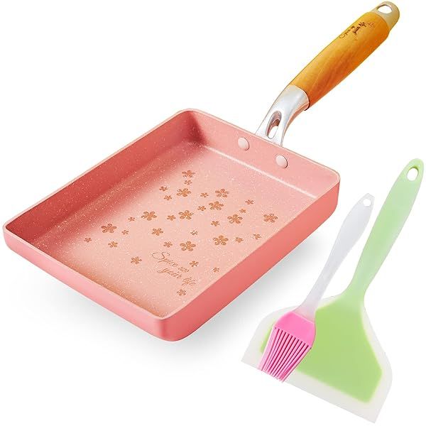 ROCKURWOK Tamagoyaki Japanese Omelette Pan, Nonstick Tamagoyaki Egg Pan, Rectangle Tamago Pan Small Frying Pan with Silicone Spatula Brush, 7 x 5, Pink