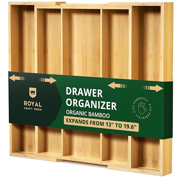 ROYAL CRAFT WOOD Bamboo Kitchen Drawer Organizer - 5 Slot Silverware & Utensil Holder with Grooved Dividers