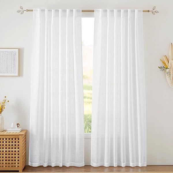 RYB HOME White Sheer Curtains - Linen Texture Window Panels, 52x84 inches, Semi-Sheer Drapes for Bedroom, Pack of 2