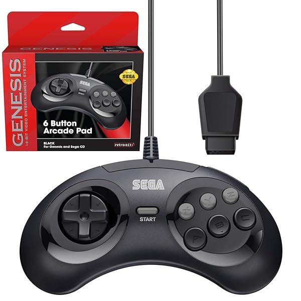 Retro-Bit Sega Genesis 6-Button Arcade Controller - Official Black Pad for Classic Gaming