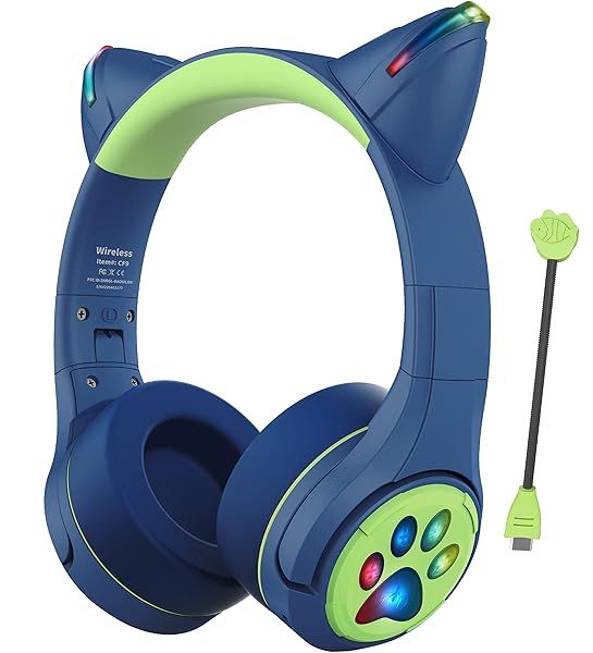 Riwbox CF9 Cat Ear Kids Bluetooth Headphones - LED, 85dB Volume Limit, Mic for School & Online Learning (Blue)