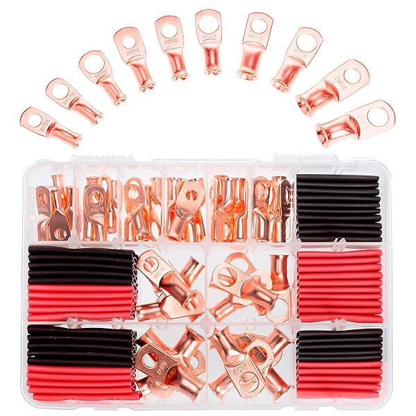 RockDIG 100PCS Copper Wire Lugs & Heat Shrink Tubing Kit for Electrical Connectors - Gauge 8, 6, 4, 2 Battery Terminals