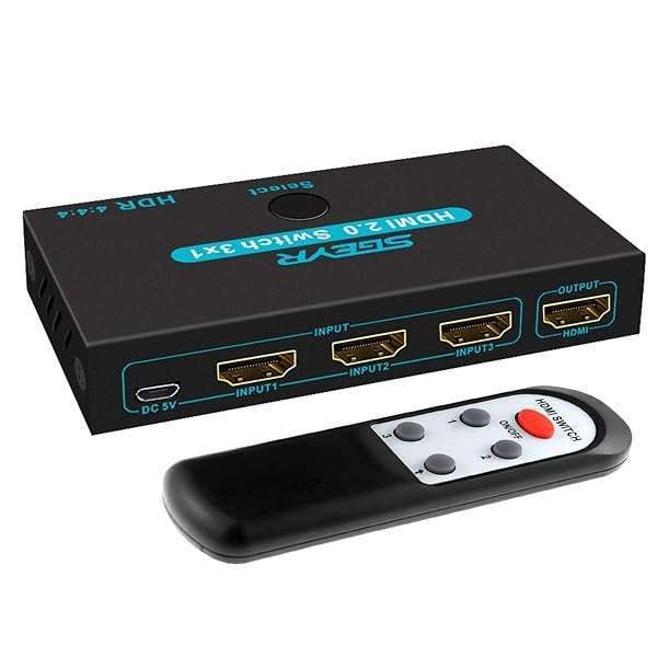 SGEYR 3-Port HDMI 2.0 Switch Splitter - 4K Ultra HD, IR Remote, HDCP 2.2, 60Hz - 3 in 1 HDMI Selector Box
