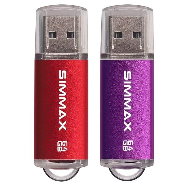 SIMMAX 64GB USB 2.0 Flash Drive 2-Pack - LED Indicator Thumb Drives in Red & Purple