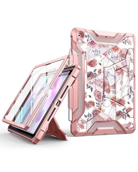 "Suritch iPad 9th/8th/7th Gen Case 10.2" - Rugged Protection, Built-in Screen Protector & Kickstand - Rose Marble"