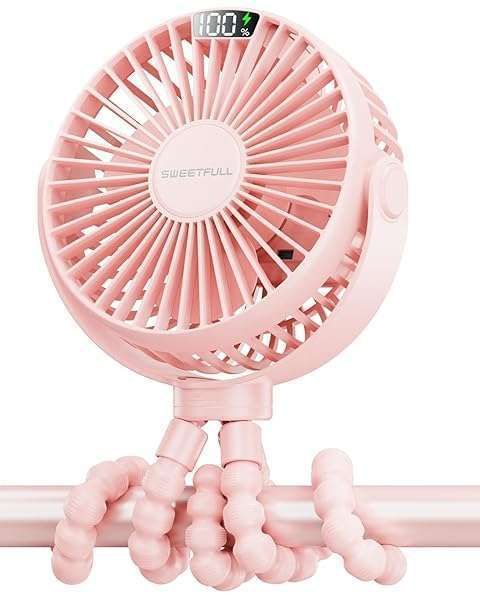 Sweetfull Portable Stroller Fan: 4000mAh Rechargeable Mini Clip-On Fan for Baby Car Seat & Travel - 4-Speed Cooling in Pink