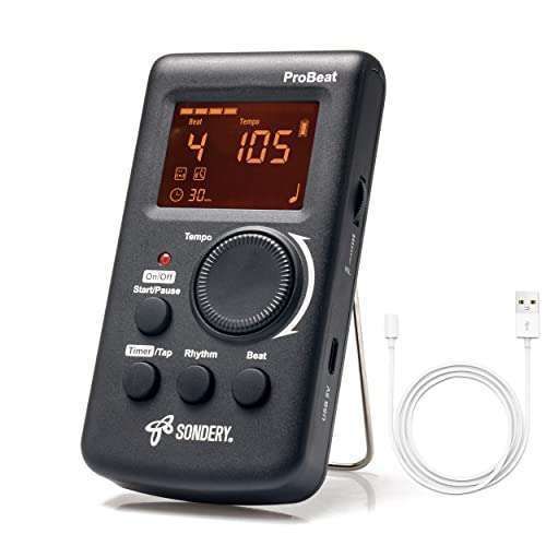Sondery Digital Metronome: Rechargeable with Timer, Vocal Counting & 3 Sounds for Guitar, Piano, Drums - Loud Volume & Earphone Jack