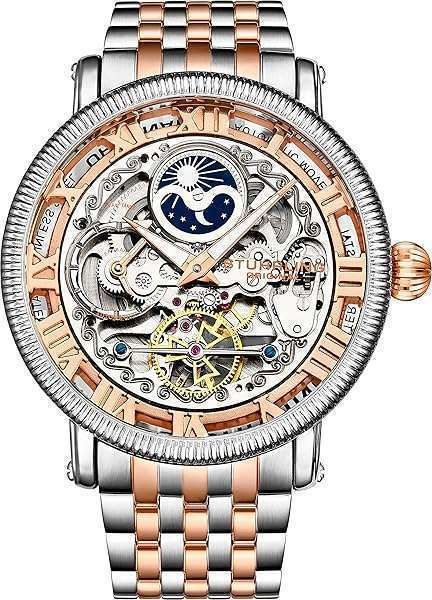 Stührling Original Mens Automatic Watch, Skeleton Watch Analog Dial, Silver Accents, Dual Time, AM/PM Sun Moon, Stainless Steel Bracelet, 3922 Watches for Men Collection