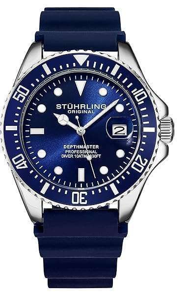 Stuhrling Original Men's Watch Dive Watch Silver 42 MM Case with Screw Down Crown Rubber Strap Water Resistant to 330 FT (Black)