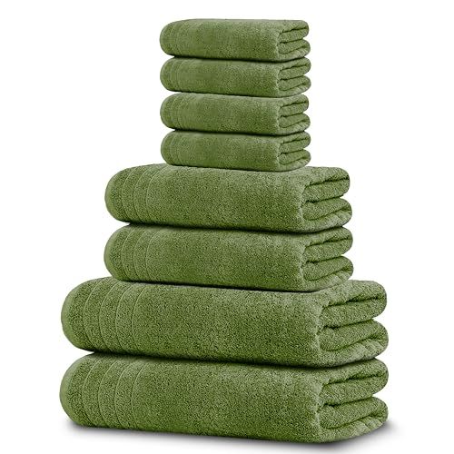 8-Piece Extra Large Cotton Towel Set - Quick Dry, Super Absorbent Bath Towels in Green for Ultimate Bathroom Comfort